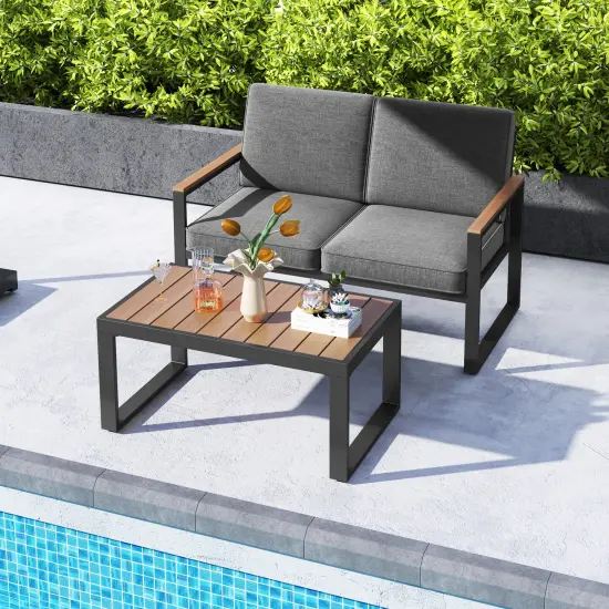 2 Piece Patio Aluminum Furniture Set with Wood-Plastic Armrests and Rectangular Coffee Table {3}