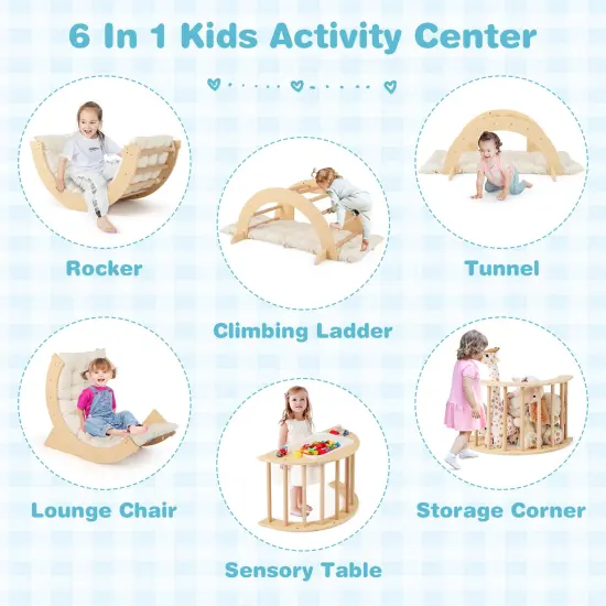 Wooden 6-in-1 Kids Climbing Arch Playset with Cushion, Storage Bin and Safety Features Natural {6}