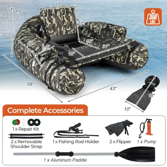 Inflatable Float Tube with Fish Ruler Rod Holder and Storage Pockets-Camouflage {4}
