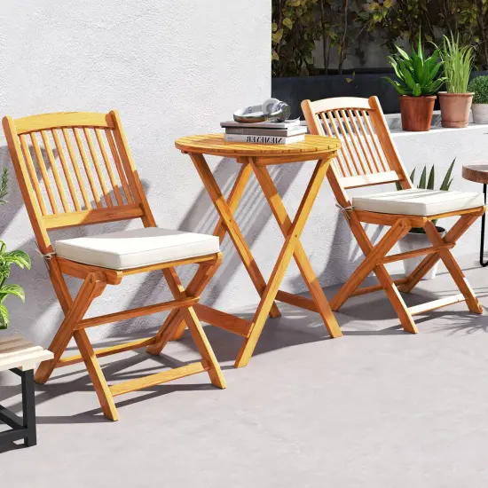 3 Pieces Acacia Wood Patio Folding Bistro Set with Soft Cushions and Slatted Backrest Beige {3}
