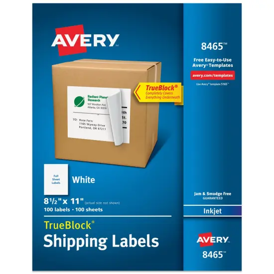 Avery Full-Sheet Printable Shipping Labels, 8.5" x 11" Customizable Stickers, White, 100 Blank Mailing Labels, Great for Mailing, Shipping, Organizing, and More (8465) {1}