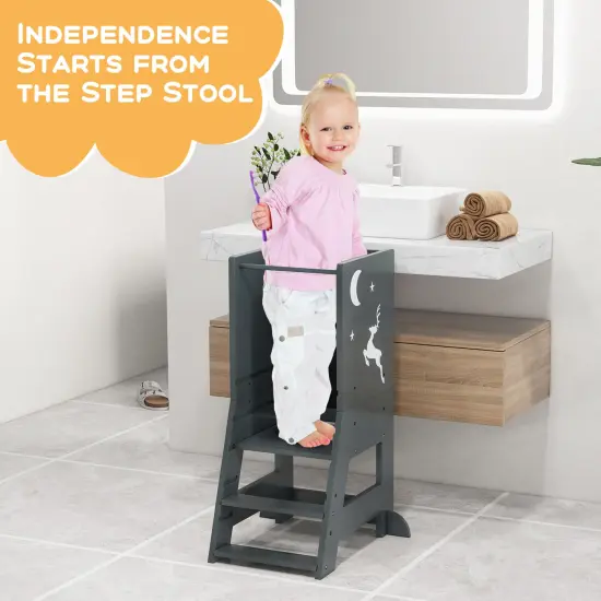 3 in 1 Multi-functional Design Kids Kitchen Standing Stool Tower with Chalkboard and Whiteboard Gray {5}