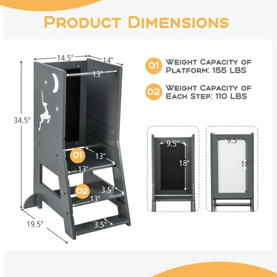 3 in 1 Multi-functional Design Kids Kitchen Standing Stool Tower with Chalkboard and Whiteboard Gray {3}