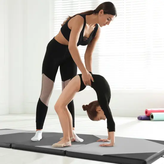 10-Feet Long Folding Exercise Mat with Waterproof PU Leather Cover Perfect for Stretches and Routines Gray {2}