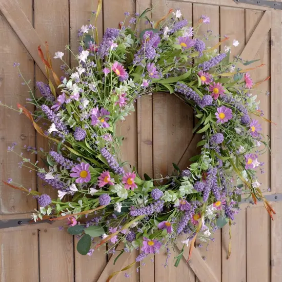 22 Inch Purple Flower Wreath - Spring/Summer Artificial Wildflowers & Green Leaves for Front Door, Indoor/Outdoor {3}