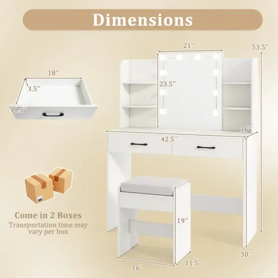 Vanity Set with Lighted Mirror and Stool for Easy Storage and Charging White {5}