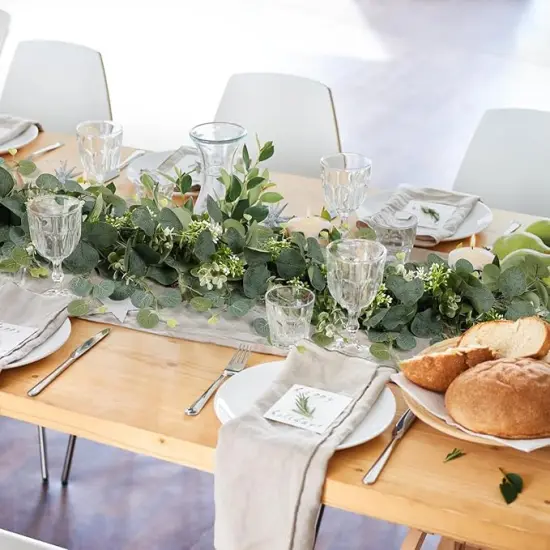 Artificial Eucalyptus Leaves Greenery Garland 2 Packs Faux Eucalyptus Garland Plant Spring Garland Vines with White Flowers Berries Table Runner for Wedding Arch Home Party Mantle Decor {3}