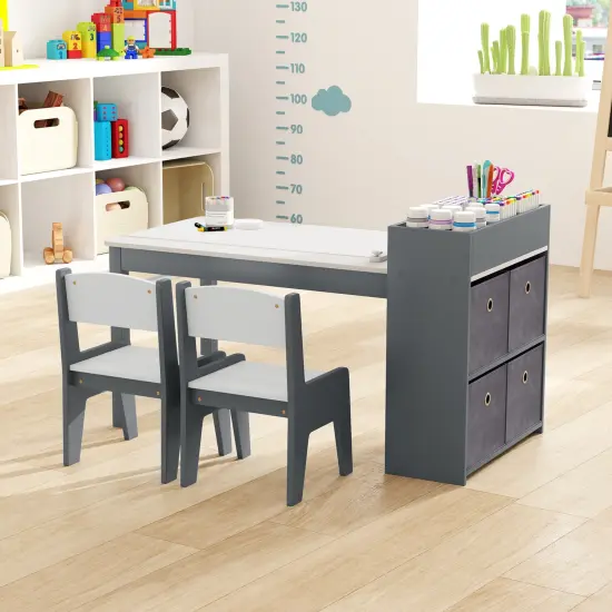 MDF and Metal Kids Art Table Set with Chairs, Storage and Paper Roll Gray {2}