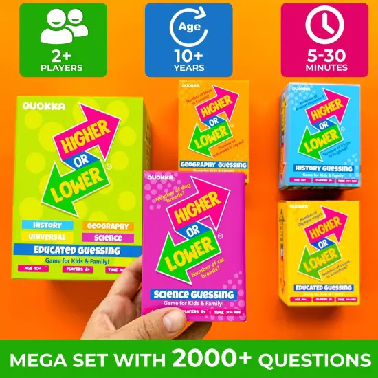 QUOKKA Trivia Board Games for Kids and Adults - Family Night Board Game Cards 4xSet Higher or Lower | Guess Fun Questions | Easy to Learn | 2 + Players - Challenge History, Science, Geography & More {2}