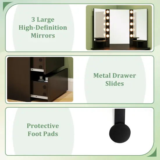 5 Drawers Corner Vanity Desk with LED Mirror and Charging Station Storage Shelves for Bedroom Black {5}
