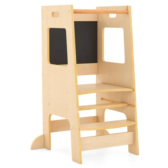 Kids Standing Step Stool Tower with Chalkboards and 2-level Height Adjustable Platform Natural {2}