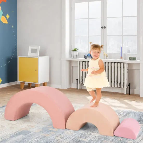 Faux Suede Kids Climbing Set and 3-Piece Soft Arch Play Couch Pink {3}