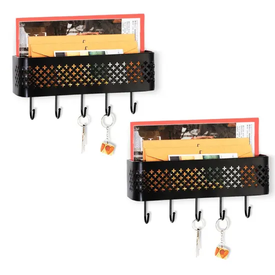 Set of 2 Wall-Mounted Entryway Organizers – Rust-Resistant Steel Key Hooks & Storage Shelf with 5 Hooks, Compact 11"x3"x3" Design for Mail, Keys, Essentials {5}