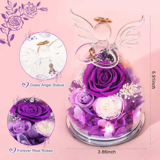 Gifts for Women Preserved Rose Forever Flower in Glass Angel Figurines Fresh Flowers for Delivery Prime Mothers Day Birthday Gifts for Mom Real Purple Roses for Grandma Sister Wife Her Daughter {2}