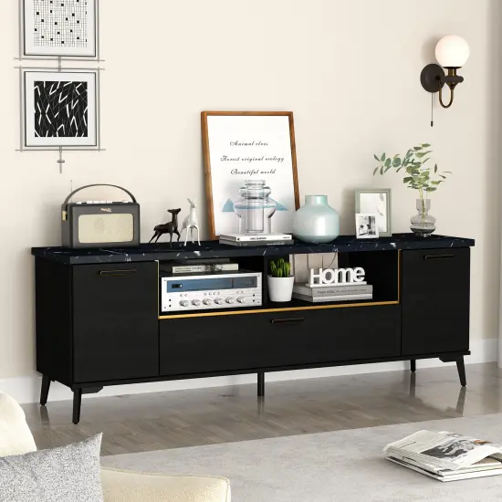 Black Faux Marble TV Stand with Gold Edges, Storage Cabinets and Adjustable Shelves {3}