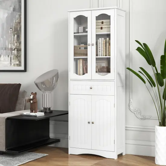 63 Inch Tall Freestanding Bathroom Storage Cabinet with 3-Position Adjustable Shelves and 2 Glass Doors White {6}