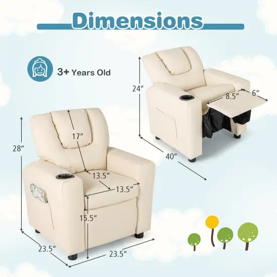 Sponge PU Wood PP Kids Recliner Chair with Adjustable Backrest, Footrest and Firm Cushion Beige {4}