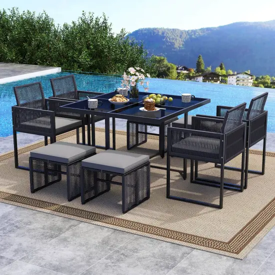 Costway 9 PCS Patio Dining Set with PE Rattan Chairs Tempered Glass Table and Ottomans {1}
