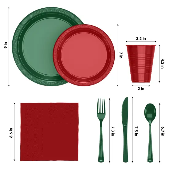 Exquisite 182 Pcs Plastic Plates for Party &ndash; Disposable Plates Set &ndash; 26 Each of 9" Dinner Plates, 7" Dessert Plates, Plastic Cups, Napkins & Plastic Cutlery &ndash; Plastic Dinnerware by Party Solids Holiday {2}