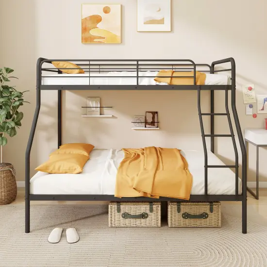Twin Over Full Metal Bunk Bed with Guardrails, Ladder, Storage Space and Sturdy Construction Black {2}