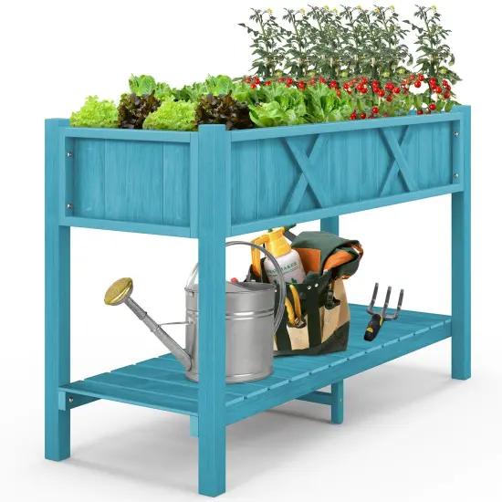 HIPS Raised Planter Box with Bottom Shelf and Drainage System Blue {4}