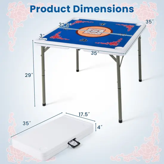 Portable Folding Mahjong Table with Cup Holders and Game Mat Blue {5}