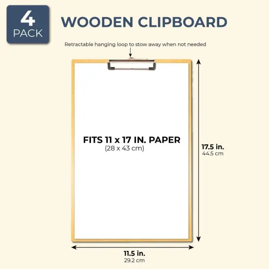 4 Pack Extra Large Clipboards, Wooden Art Board with Low-Profile Clip and Hook for Classroom and Office, 11.5x17.5 In Brown {5}
