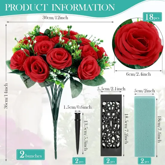 2 Sets Artificial Cemetery Flowers 36 Heads Rose with 2 Grave Markers Flower Holder Vase with Drainage Hole Long Spikes and 2 Floral Foam Blocks for Outdoor Memorials (Red) {2}