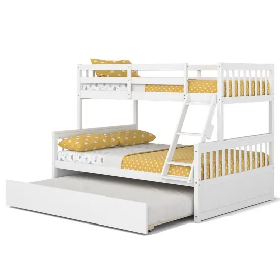 Pine Wood Twin Over Full Bunk Bed with Trundle, Guardrails and Ladder White {4}