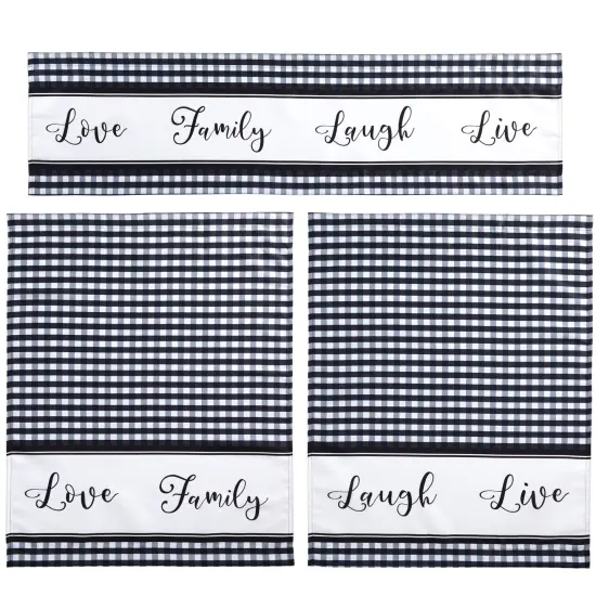 3 Piece Kitchen Curtains and Valances Set for Windows, Love Family, Laugh, Live (Black and White) {4}