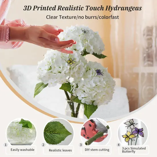 3 PCS White Hydrangea Artificial Flowers,Real Touch Faux Hydrangea Flowers and 3 PCS Butterflies for Hydrangea Decor,Floral Arrangements for Centerpiece Table Decorations,Home Decor,Funeral Flowers, Spring Flowers {4}