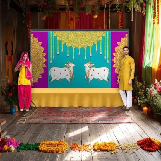 Pichwai Cow Print Backdrop 5x8 Feet Backdrop Indian Traditional Cloth Satnaryan Pooja Decor Indian Pooja Wall Decor Indian Wall Art Photo Decor Banner Decorative Cloth Wedding Favor {1}