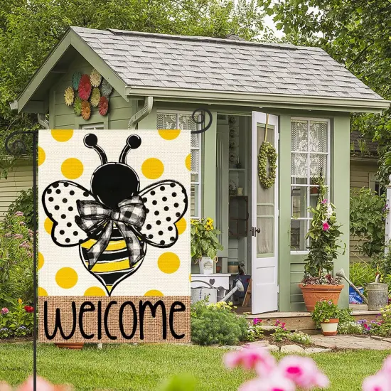 Summer Polka Dot Bee Welcome Garden Flag 12x18 Inch Double Sided Outside, Seasonal Holiday Burlap Yard Outdoor Decoration {4}