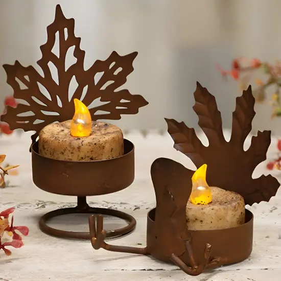 Rustic Brown Metal Tealight Holder, Leaf Design and Fall Decor {3}