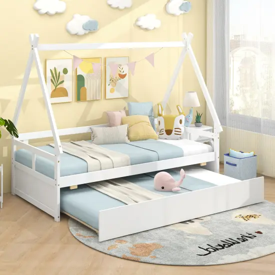 Twin Size House Frame Bed with Trundle, Wooden Construction and Creative Design White {5}