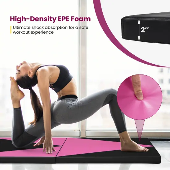 4-Panel PU Leather Folding Exercise Gym Mat with Carrying Handles and Removable Zippered Cover Black & Pink {6}
