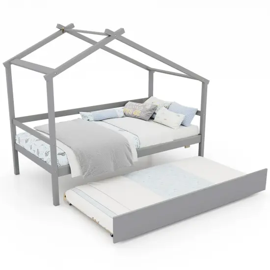 Pine Wood Twin Size House Bed with Trundle, DIY Roof, Slat Support and Safe Design Gray {4}