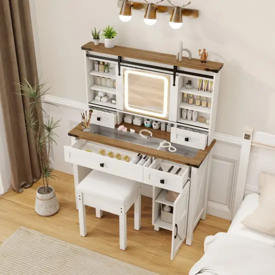 Makeup Vanity Desk with Mirror and 3-Color Dimmable LED Lights-White {6}