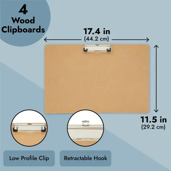 4-Pack Extra Large Clipboard, Horizontal Wooden Lap Boards, Wood Clip Board with Low Profile Clip for Drawing, Sketching, and Art Supplies, Landscape Layout, 3mm Thickness 11.5 x 17.4 Inches Brown {3}