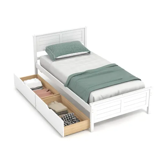 Twin Size Platform Bed with Drawers, Wood Headboard and Sturdy Frame White {1}