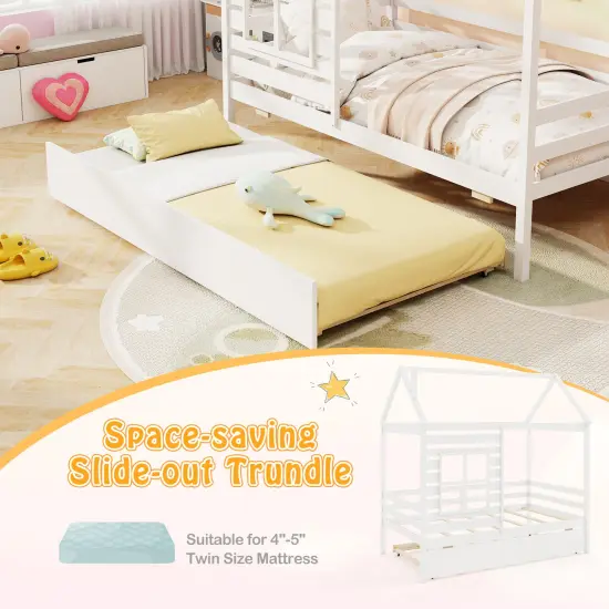 Solid Wood House Bed with Trundle, Guardrails and Customizable Design White {6}
