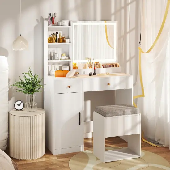 Vanity Set with 3-Color Adjustable Lights, Storage, Charging Ports and Stool White {3}