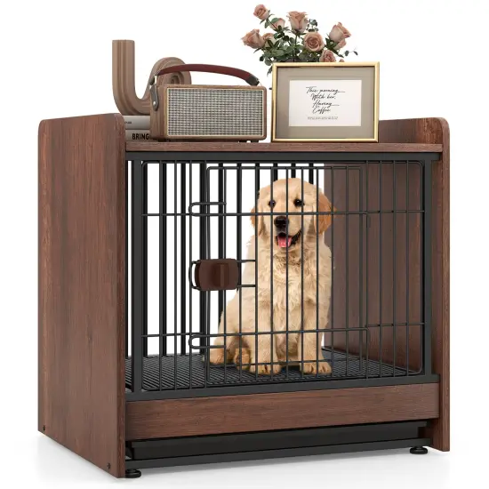 Rustic Brown 2-in-1 Wooden Dog Crate End Table with Removable Pull-Out Tray and Lockable Door {6}