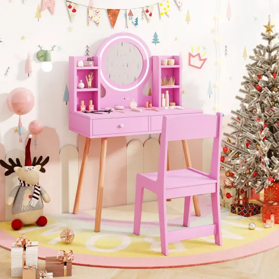 MDF and Pine Wood Kids Vanity Set with LED Mirror, Storage and Chair Pink {2}