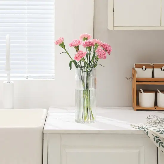 Clear Glass Vase, Glass Flower Vase, Ribbed Glass Vase, Clear Vase, Tall Cylinder Glass Vases for Centerpieces, Living Room, Dining Table, Office, Wedding, Bookshelf Decoration, 9.8 Inches {4}