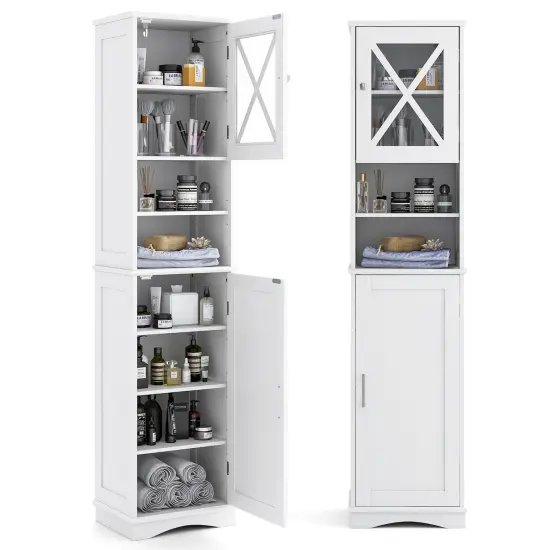 67 Inch Tall Freestanding Bathroom Storage Cabinet with 5 Adjustable Shelves and 2 Open Compartments White {4}