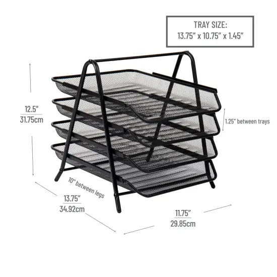4-Tier Paper Tray, Desktop Organizer, File Storage, Workspace, Office, Metal Mesh, 11.75"L x 13.75"W x 12.5"H, Black {5}