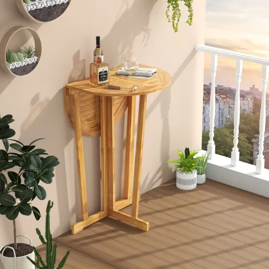 Natural Teak Wood Folding Bar Table with Oval Top, Cross Base and Space-Saving Design {2}