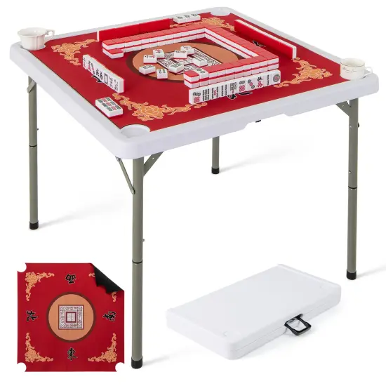 Portable Folding Mahjong Table with Cup Holders and Game Mat Red {4}