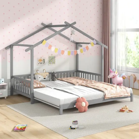 Extendable Daybed House Bed with Roof and Safety Fence Rails Gray {6}